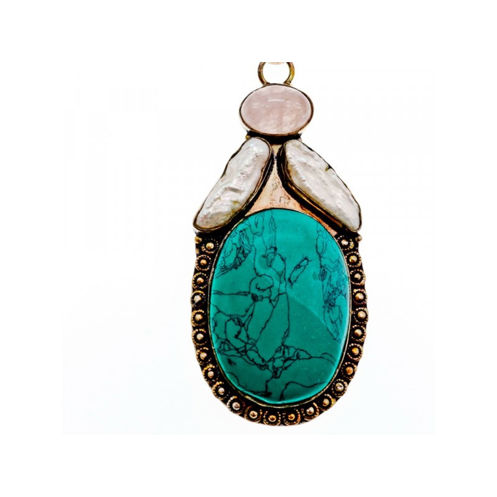925 Sterling Silver Turquoise, Rose Quartz And Baroque Pearl Chain With Pendant